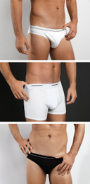 Image of Collage of man in underwear on color backgrounds, closeup
