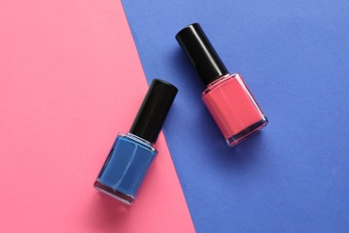 Bright nail polishes in bottles on color background, flat lay