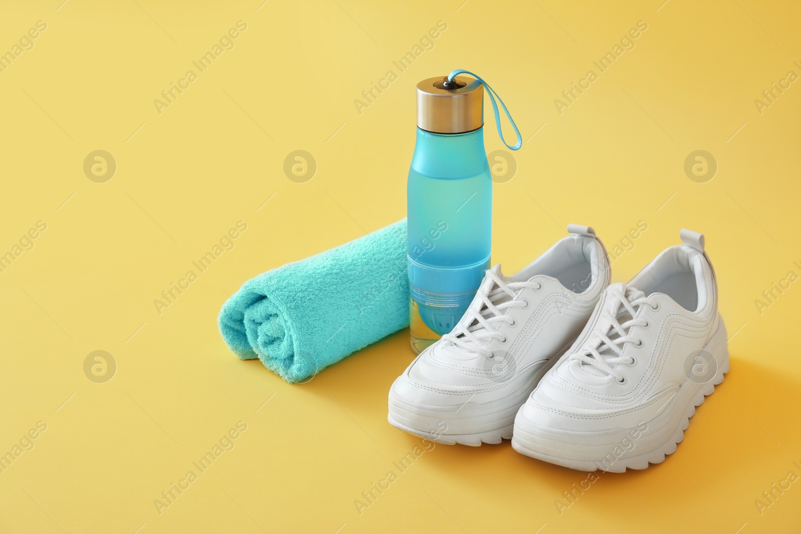 Photo of Fitness equipment on color background. Healthy lifestyle