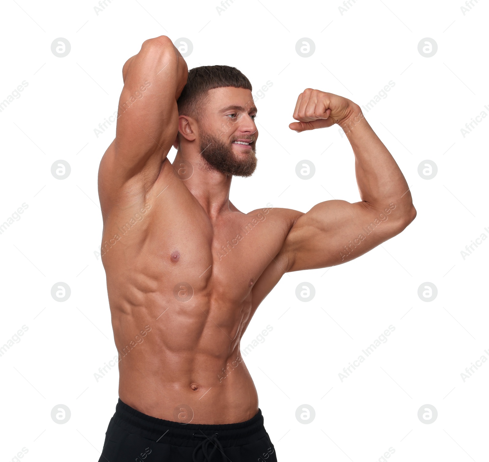 Photo of Young bodybuilder with muscular body on white background