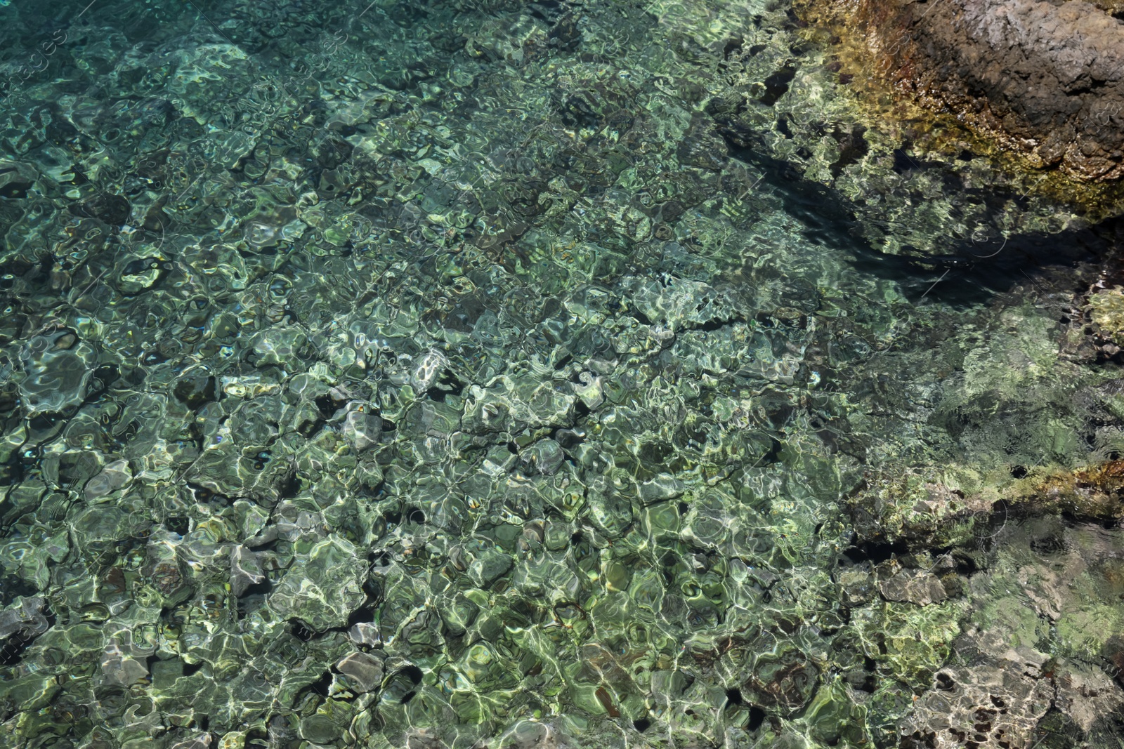 Photo of Shallow water with rocky sea bottom as background, top view