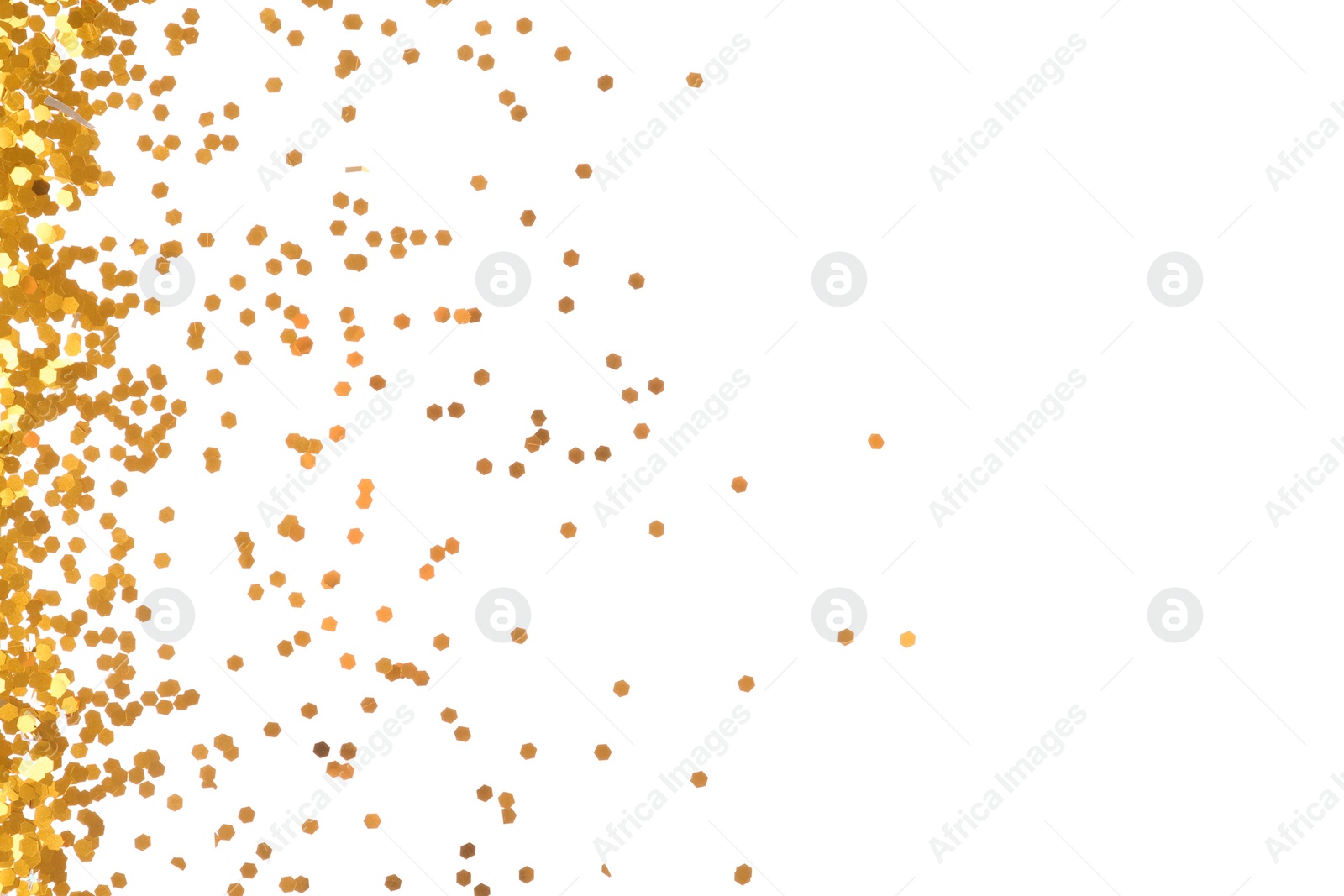 Photo of Bright golden confetti on white background, top view