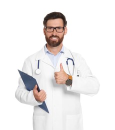 Photo of Doctor with stethoscope and clipboard showing thumb up on white background