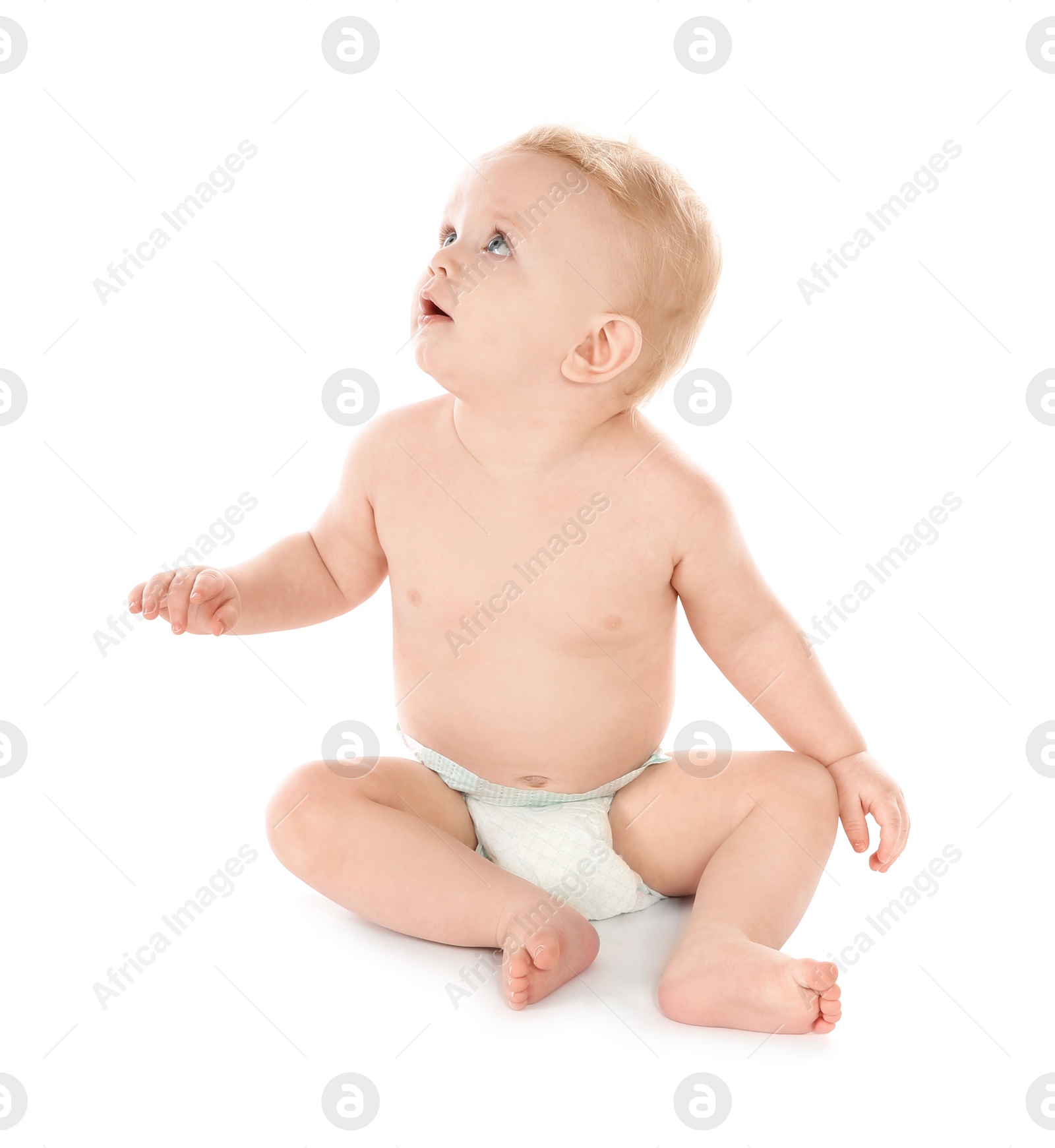 Photo of Cute little baby on white background. Crawling time