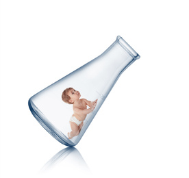 Image of Little baby in conical flask on white background