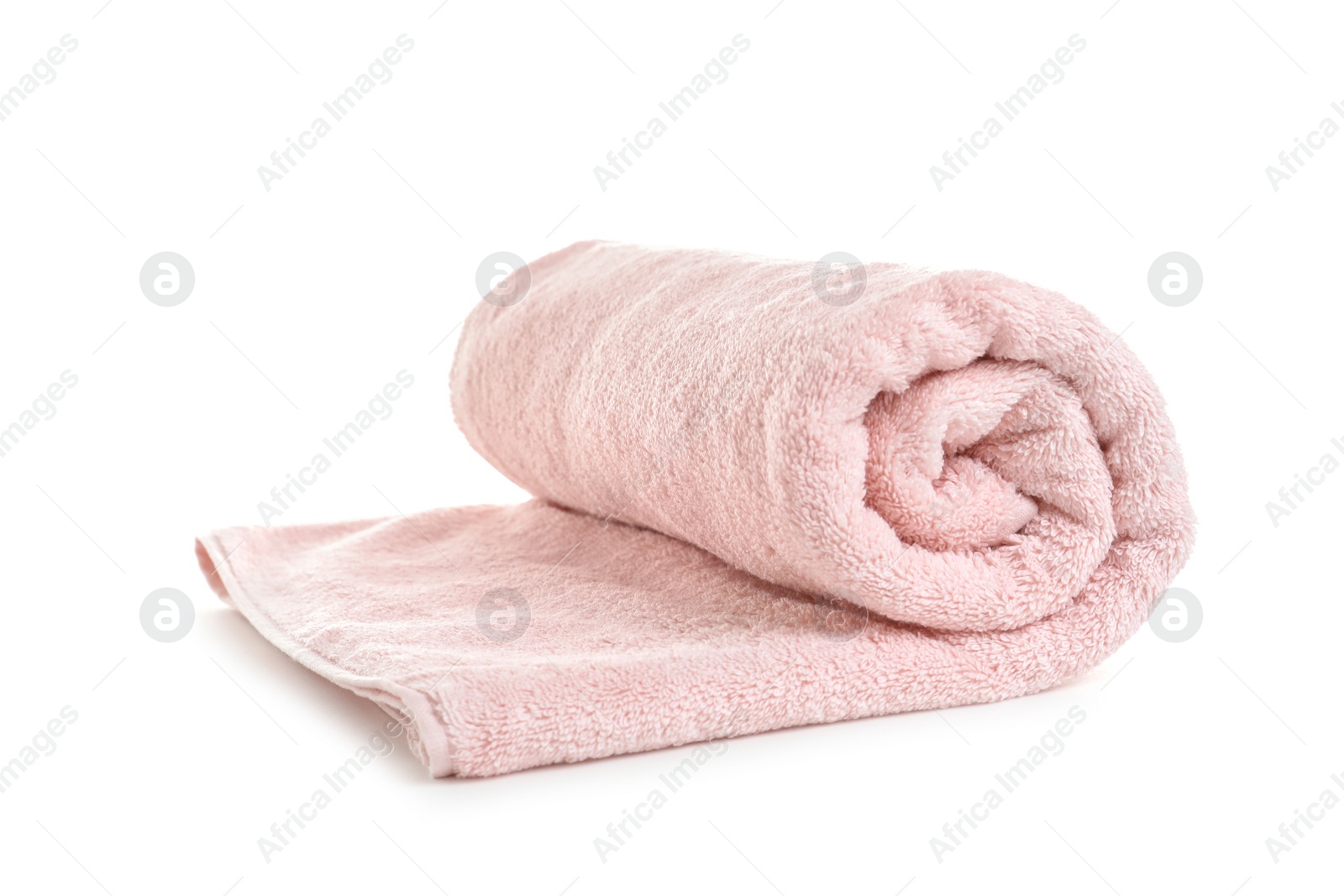 Photo of Rolled soft terry towel on white background