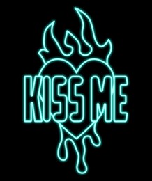 Illustration of Glowing neon sign with words Kiss Me and heart on black background