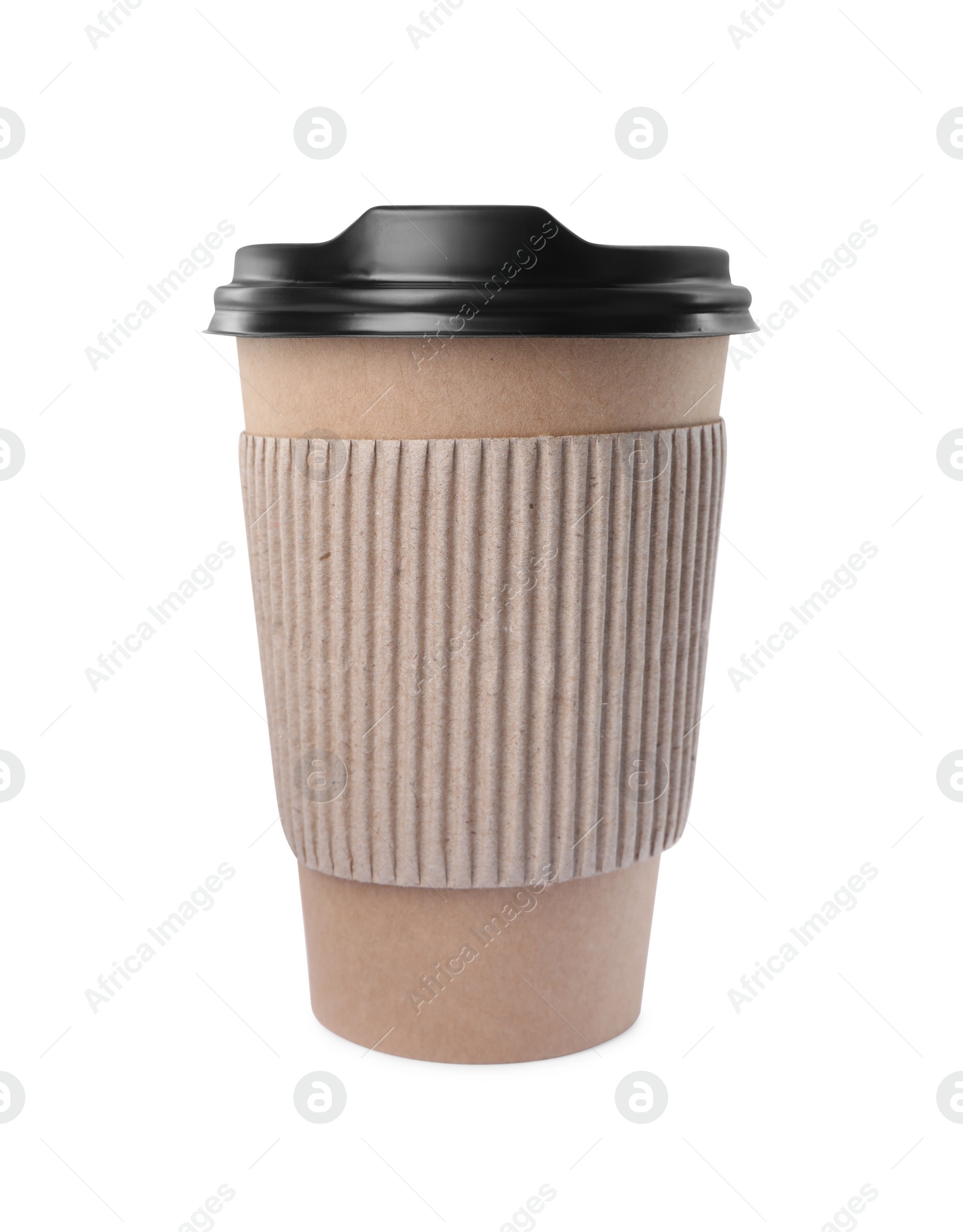 Photo of Paper cup with plastic lid isolated on white. Coffee to go