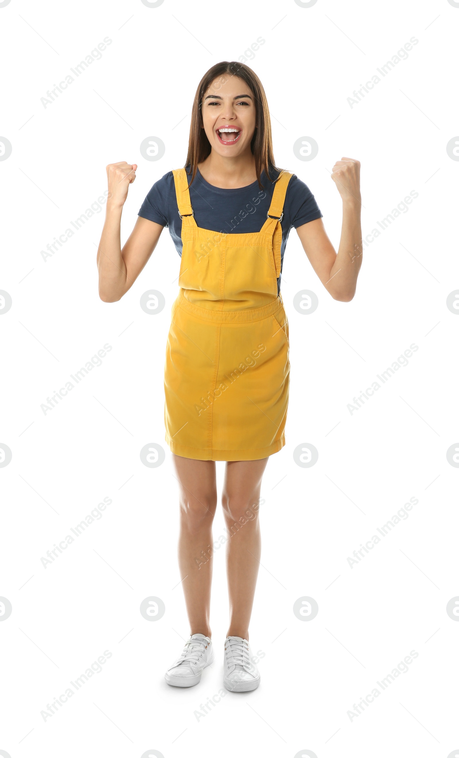 Photo of Full length portrait of emotional woman on white background