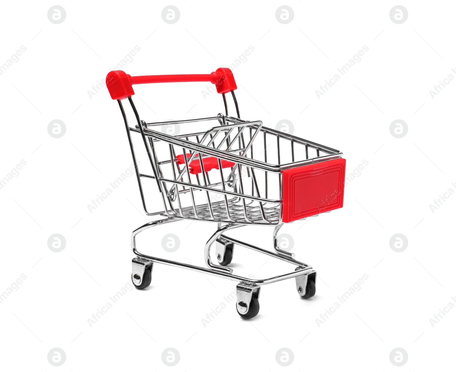 Photo of Empty mini metal shopping cart isolated on white