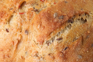 Photo of Tasty white bread with seeds as background, closeup