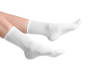 Photo of Woman in stylish socks on white background, closeup