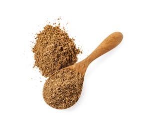 Photo of Spoon and aromatic caraway (Persian cumin) powder isolated on white, top view
