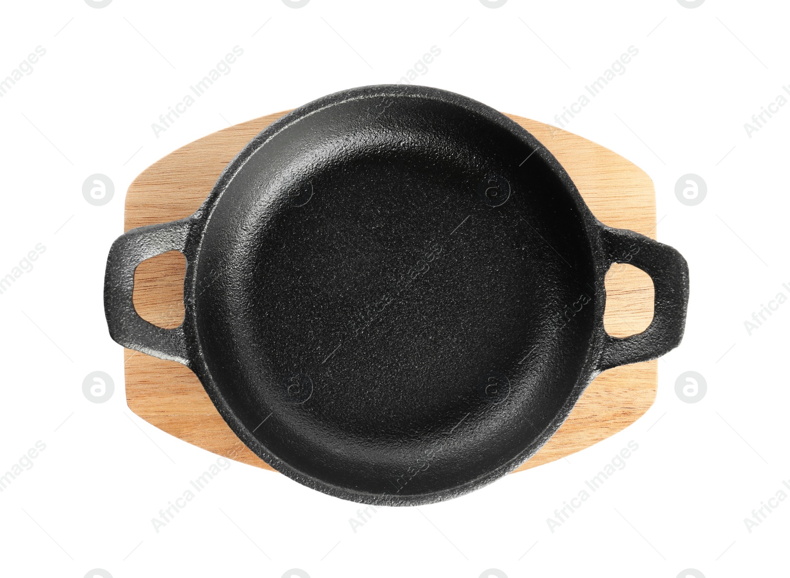 Photo of Frying pan and wooden board isolated on white, top view. Cooking utensil