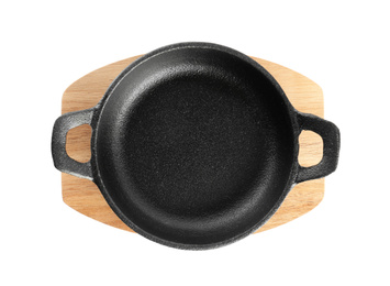 Frying pan and wooden board isolated on white, top view. Cooking utensil