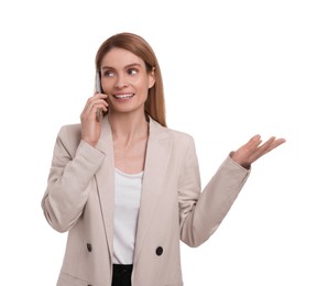 Photo of Beautiful happy businesswoman talking on smartphone against white background
