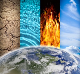 Image of Set of four elements near globe. Earth, Water, Fire and Air