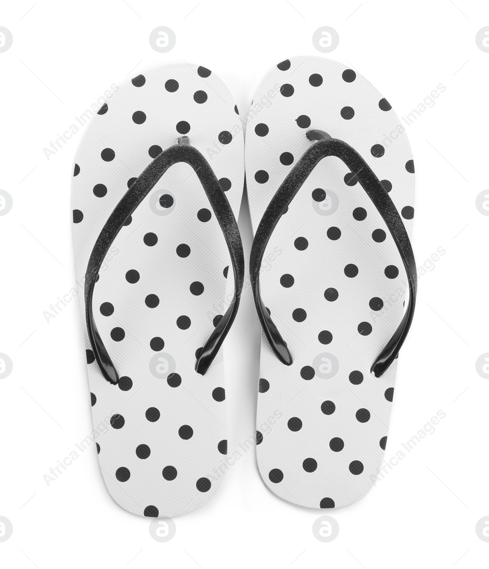 Photo of Pair of stylish flip flops isolated on white, top view