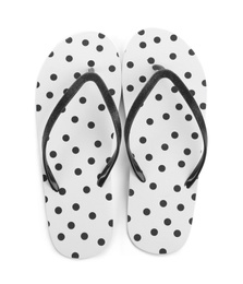 Photo of Pair of stylish flip flops isolated on white, top view