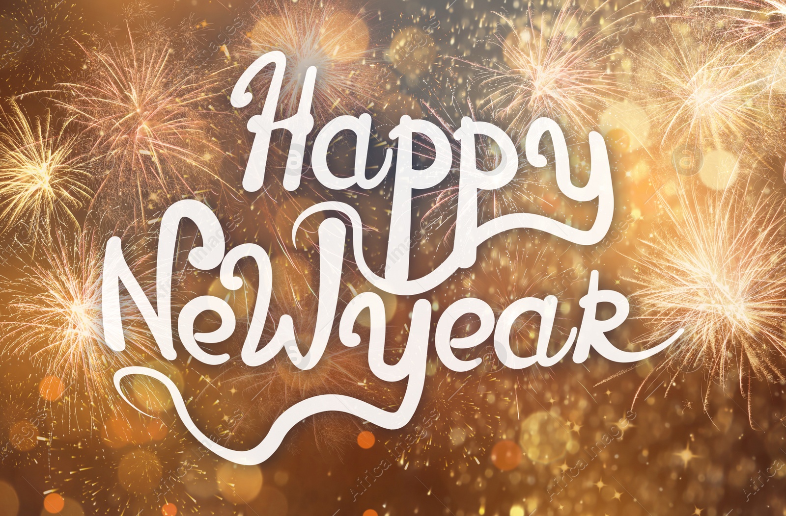 Illustration of Text Happy New Year on festive background with fireworks, bokeh effect