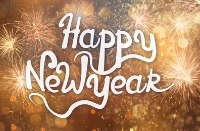 Illustration of Text Happy New Year on festive background with fireworks, bokeh effect