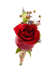 Stylish boutonniere with red rose isolated on white