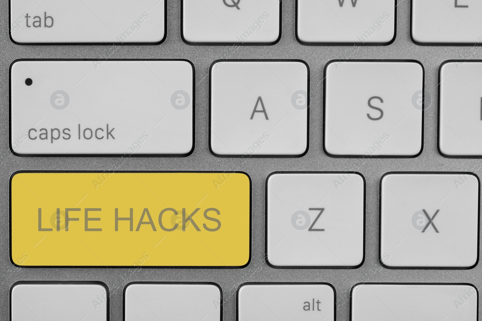 Image of Yellow button with words Life Hacks on laptop, top view