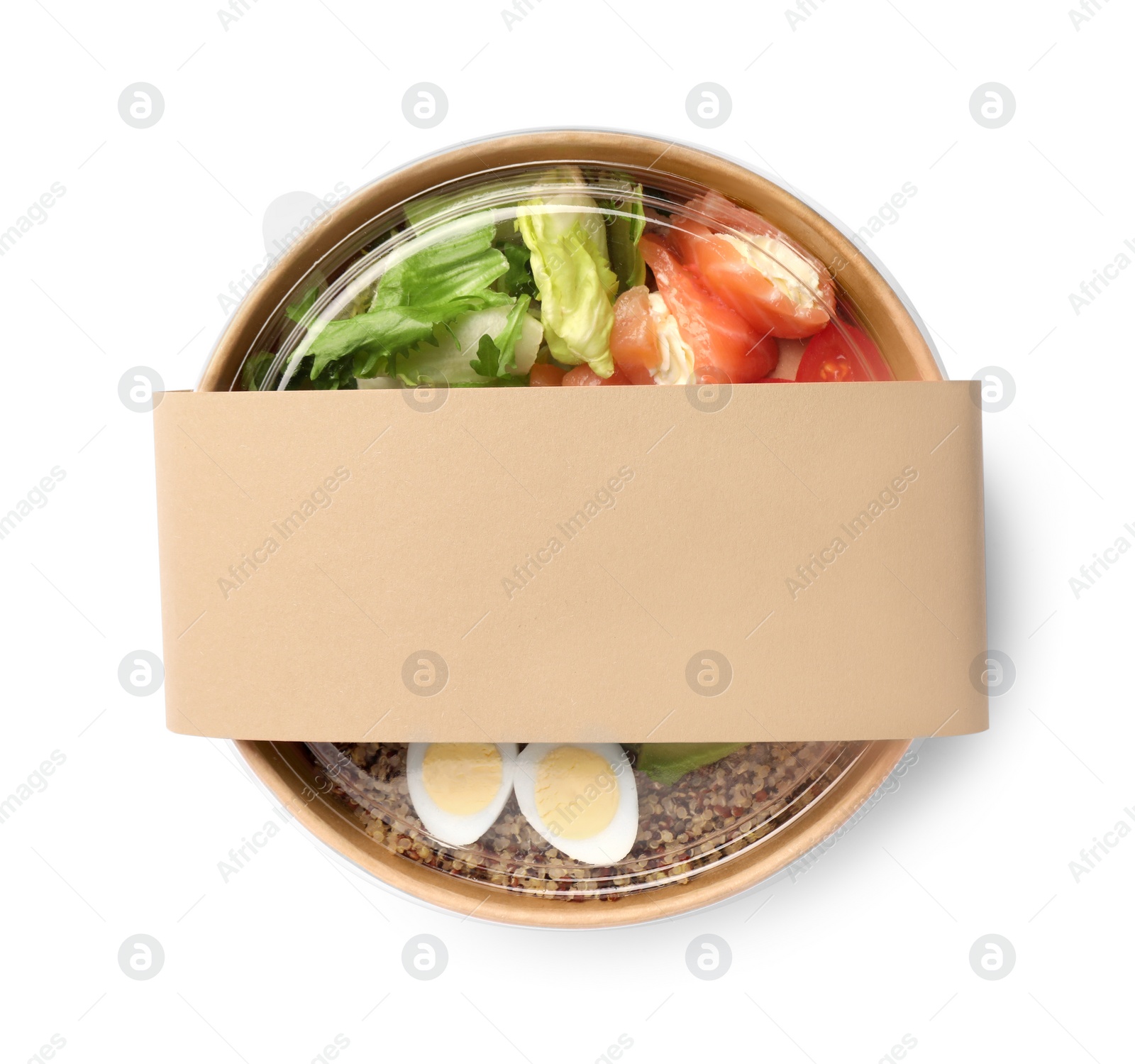Photo of Tasty food in container isolated on white, top view