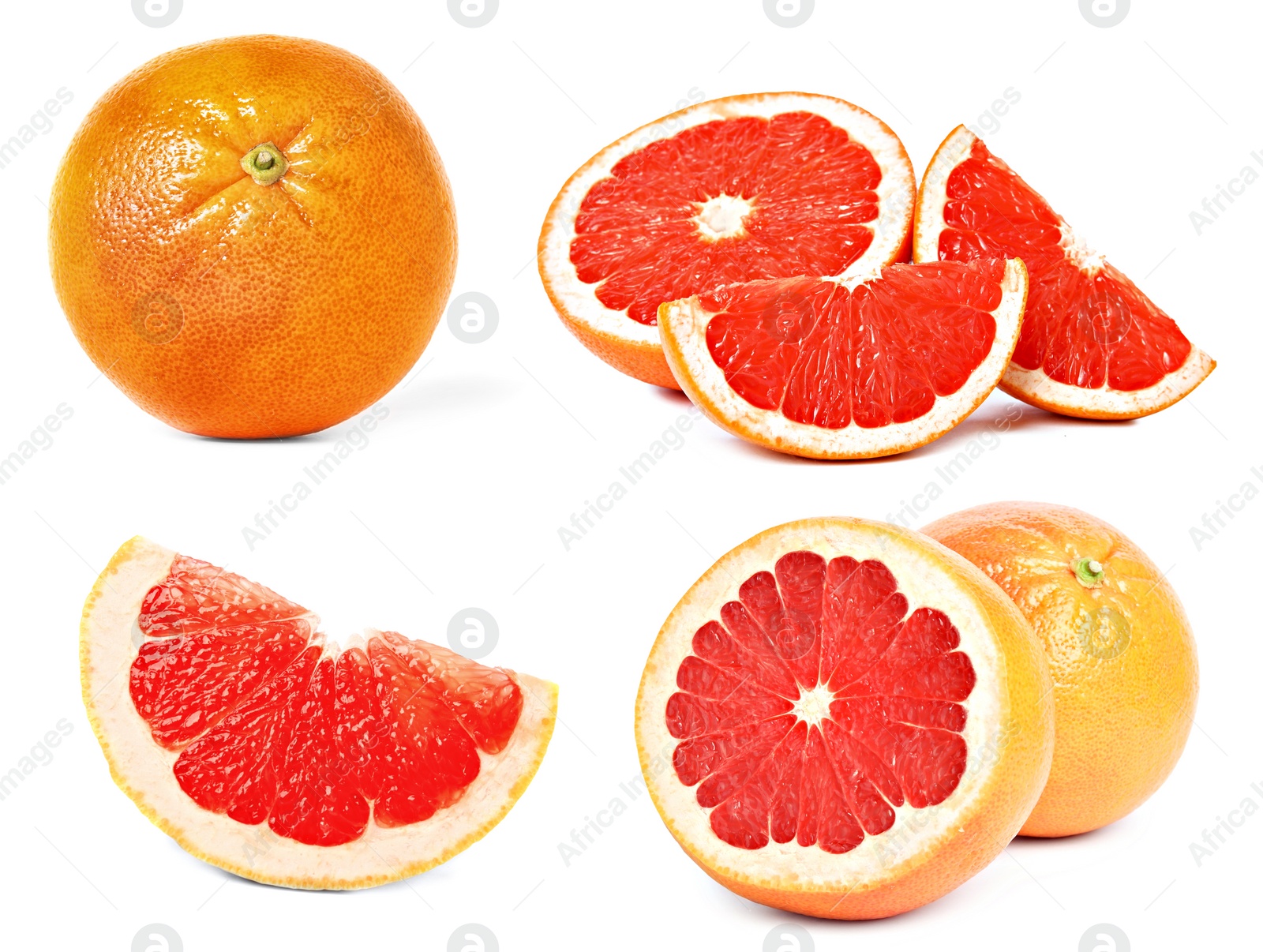 Image of Set with whole and cut ripe juicy grapefruits on white background