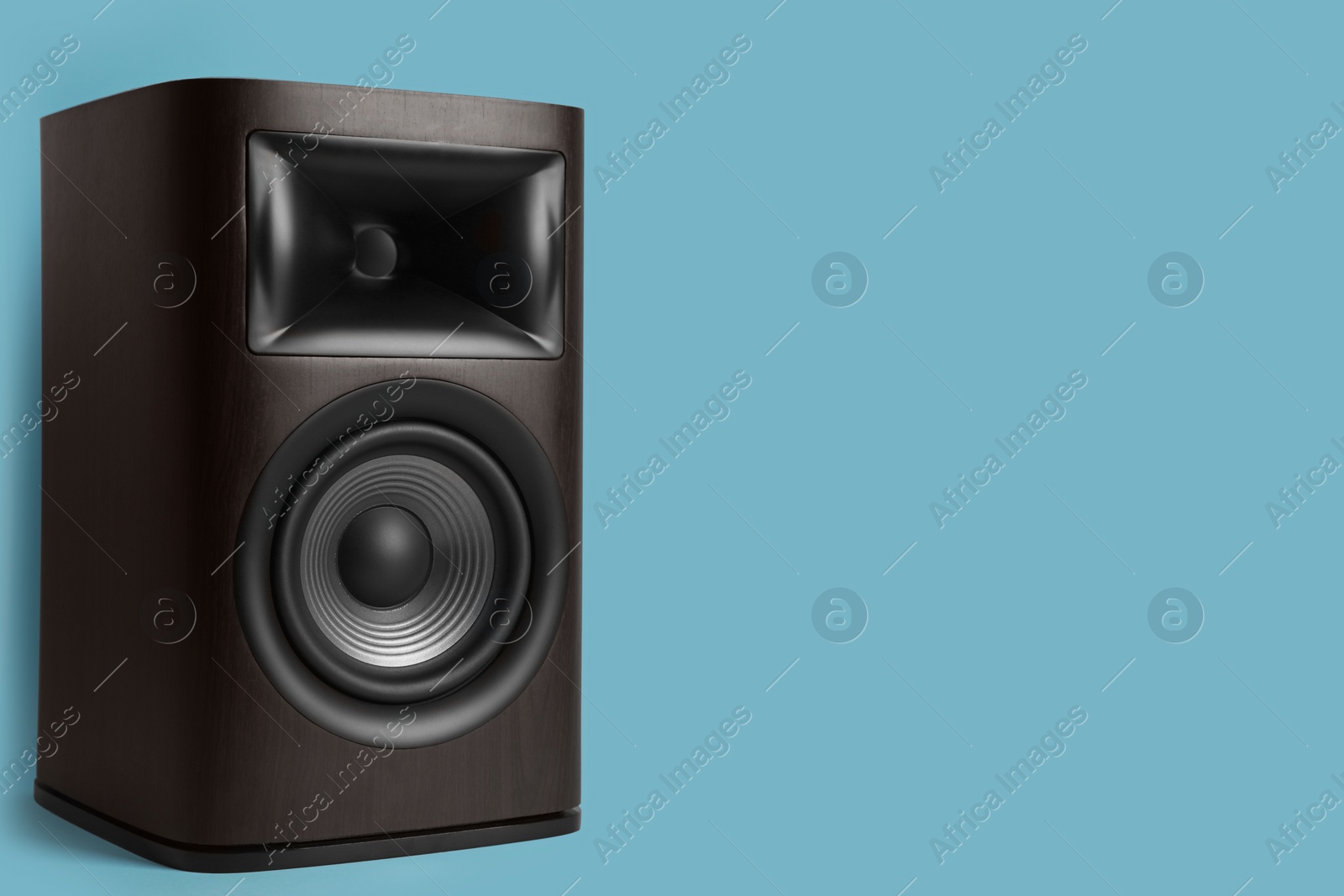 Photo of One wooden sound speaker on light blue background. Space for text