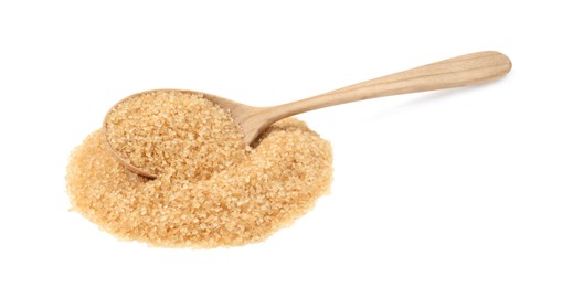 Photo of Pile of brown sugar and wooden spoon isolated on white