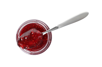 Jar of raspberry jam isolated on white, top view