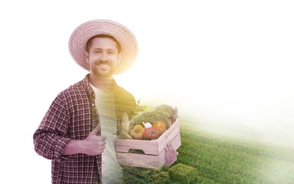 Image of Double exposure of farmer and agricultural field on white background