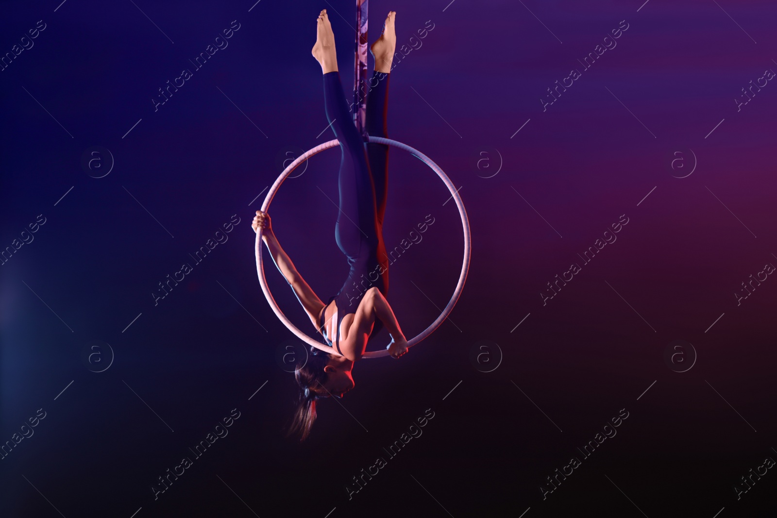 Photo of Young woman performing acrobatic element on aerial ring against dark background