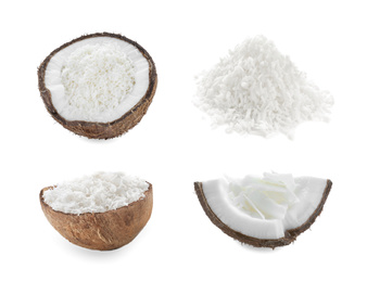 Image of Set with fresh coconut flakes isolated on white