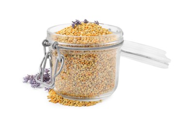 Photo of Fresh bee pollen granules in jar and lavender isolated on white