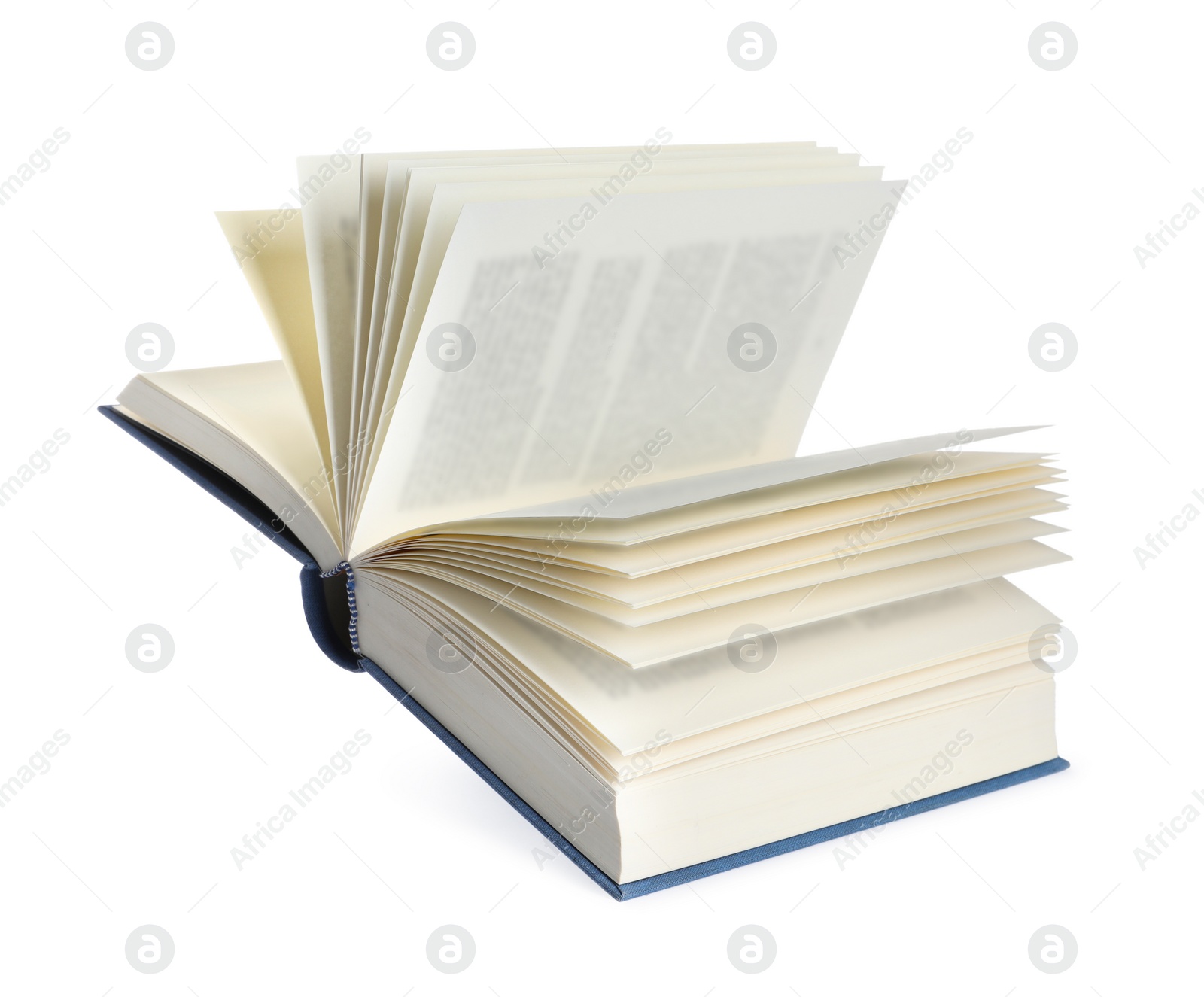 Photo of Open blue hardcover book isolated on white