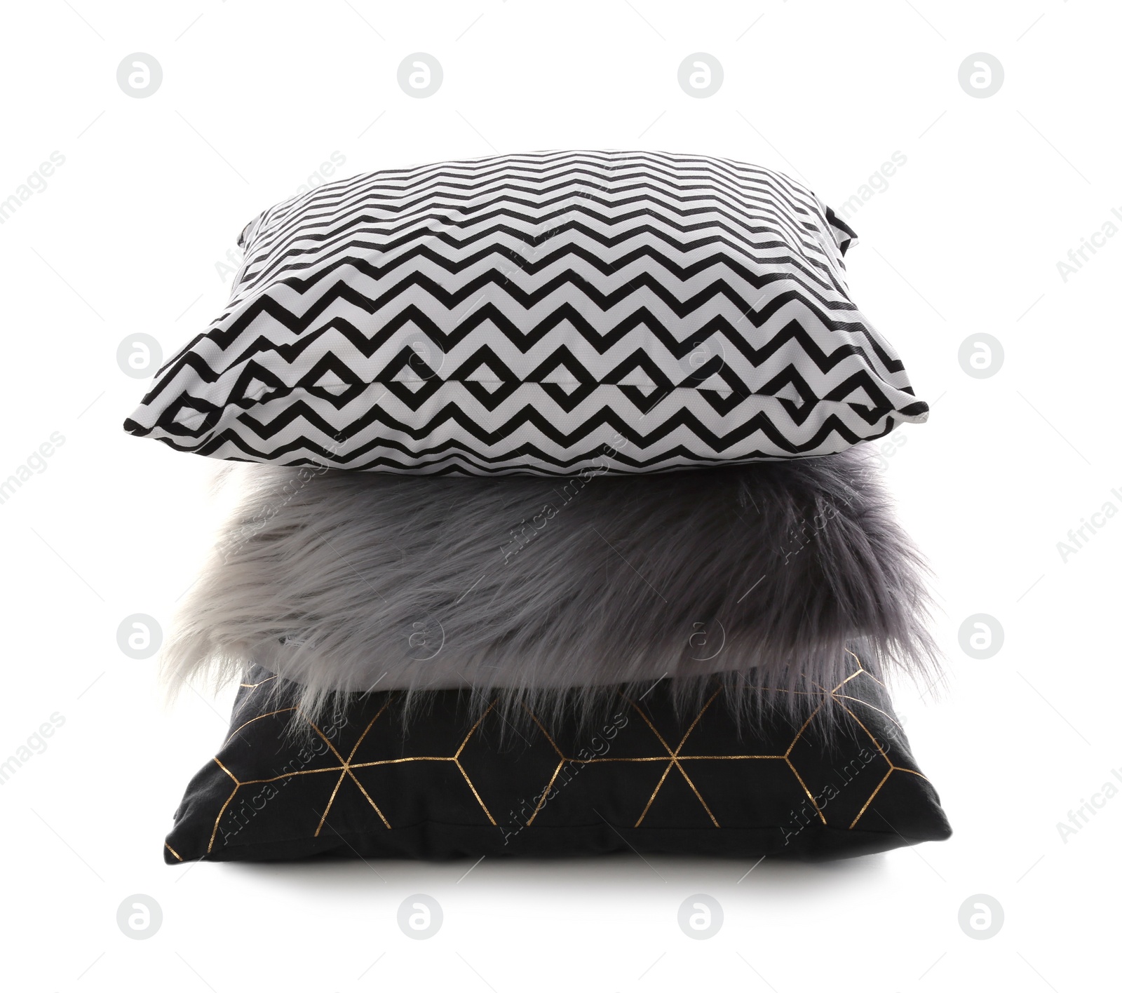 Photo of Stack of different colorful pillows on white background