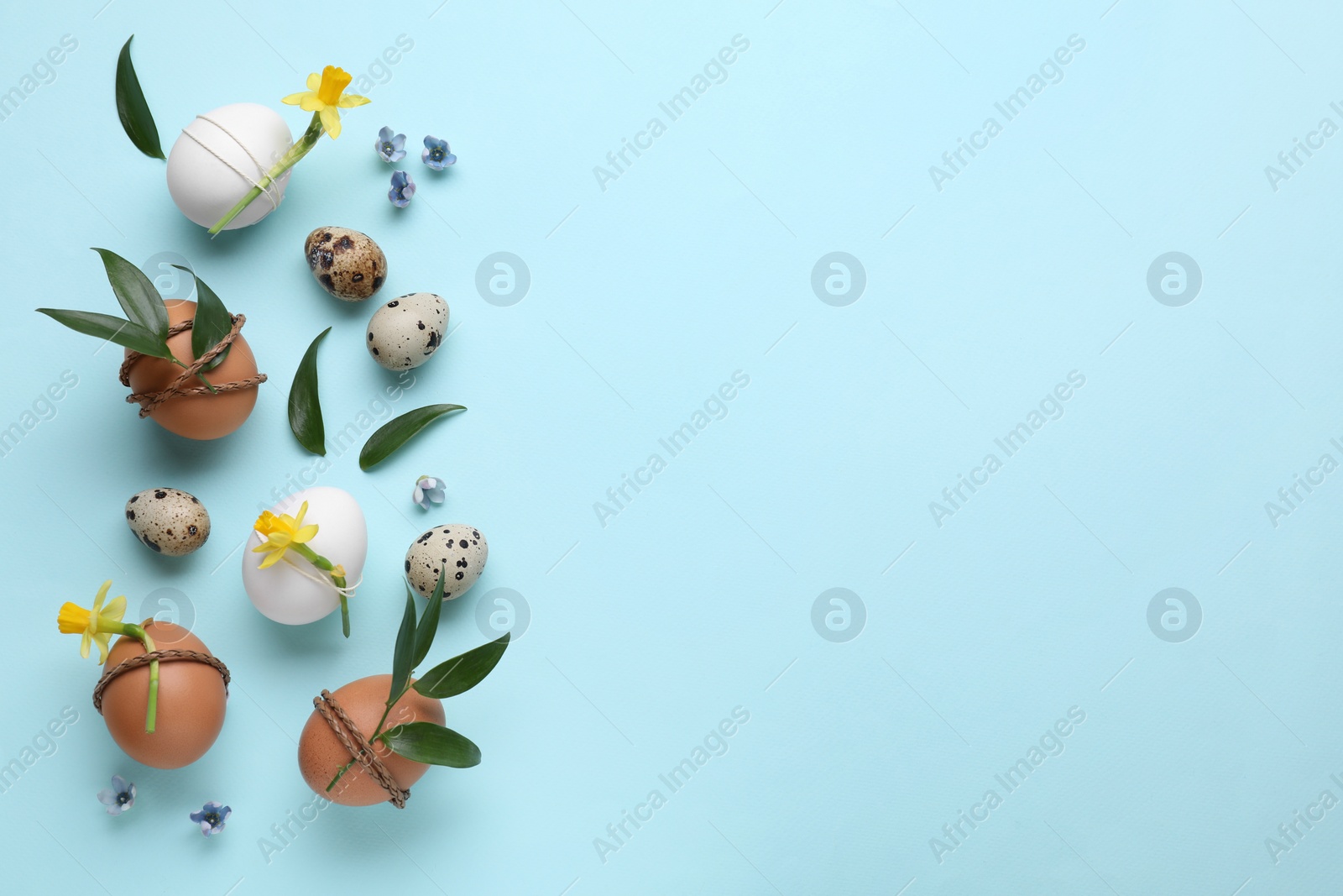 Photo of Easter eggs decorated with green leaves and flowers on light blue background, flat lay. Space for text