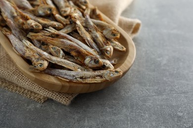 Delicious dried anchovies on grey table, closeup