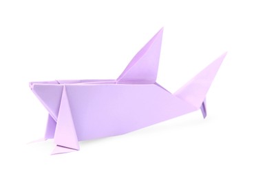 Origami art. Handmade lilac paper shark isolated on white
