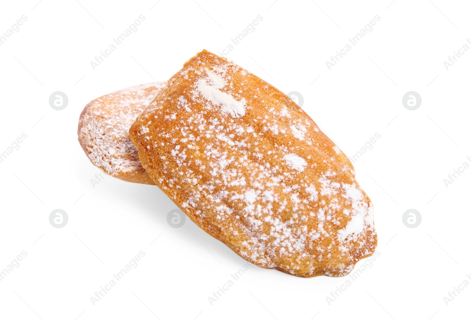 Photo of Delicious homemade madeleine cakes with powdered sugar on white background