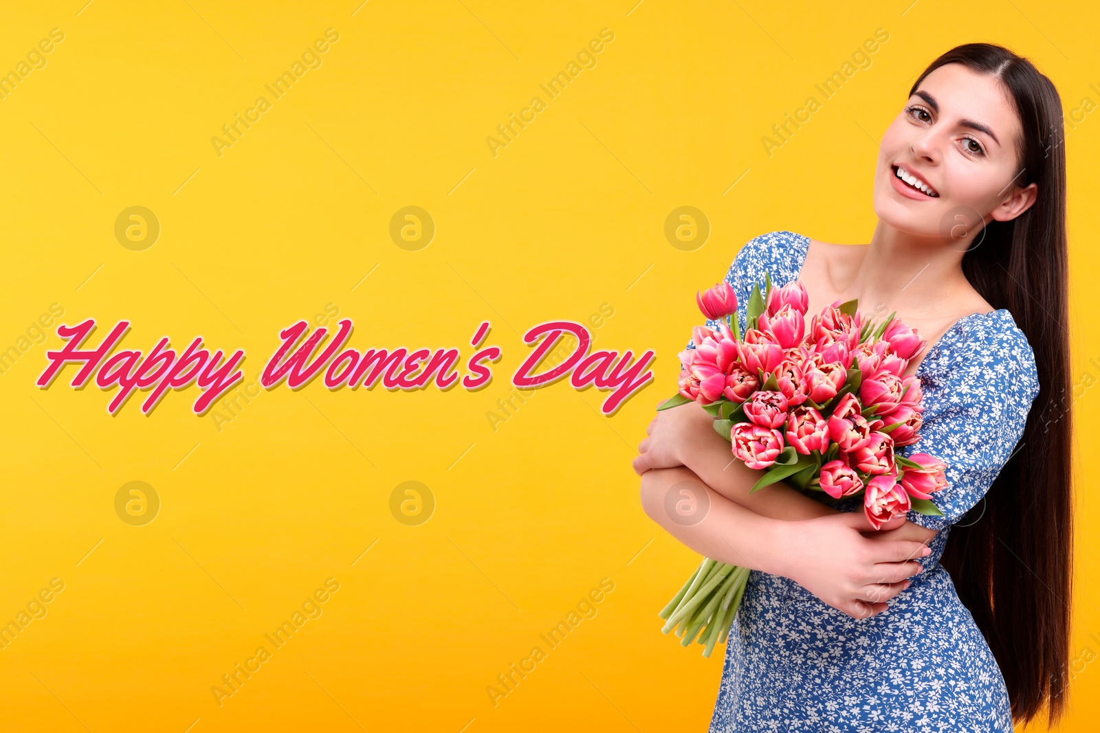 Image of Happy Women's Day - March 8. Attractive lady with bouquet of tulips on orange background