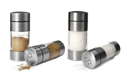 Image of Pepper and salt shakers on white background, collage