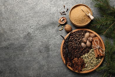 Different spices, nuts and fir branches on gray textured table, flat lay. Space for text