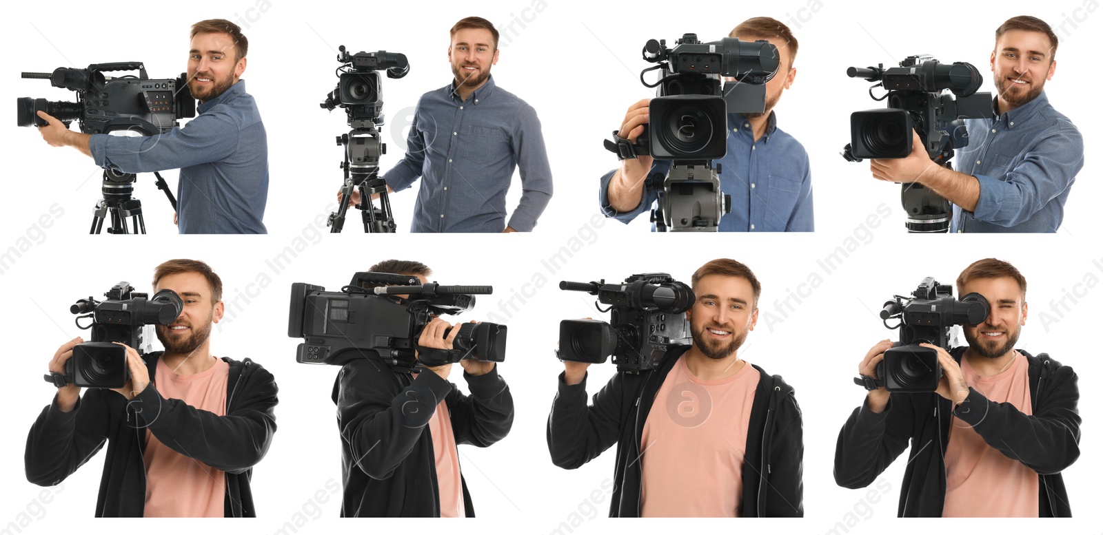 Image of Collage of operator with professional video camera on white background. Banner design