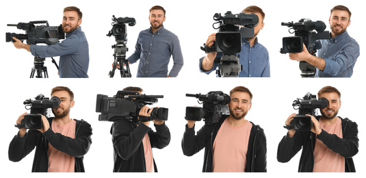 Image of Collage of operator with professional video camera on white background. Banner design