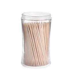 Photo of Wooden toothpicks in holder on white background