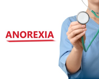 Image of Anorexia concept. Doctor with stethoscope on white background, closeup