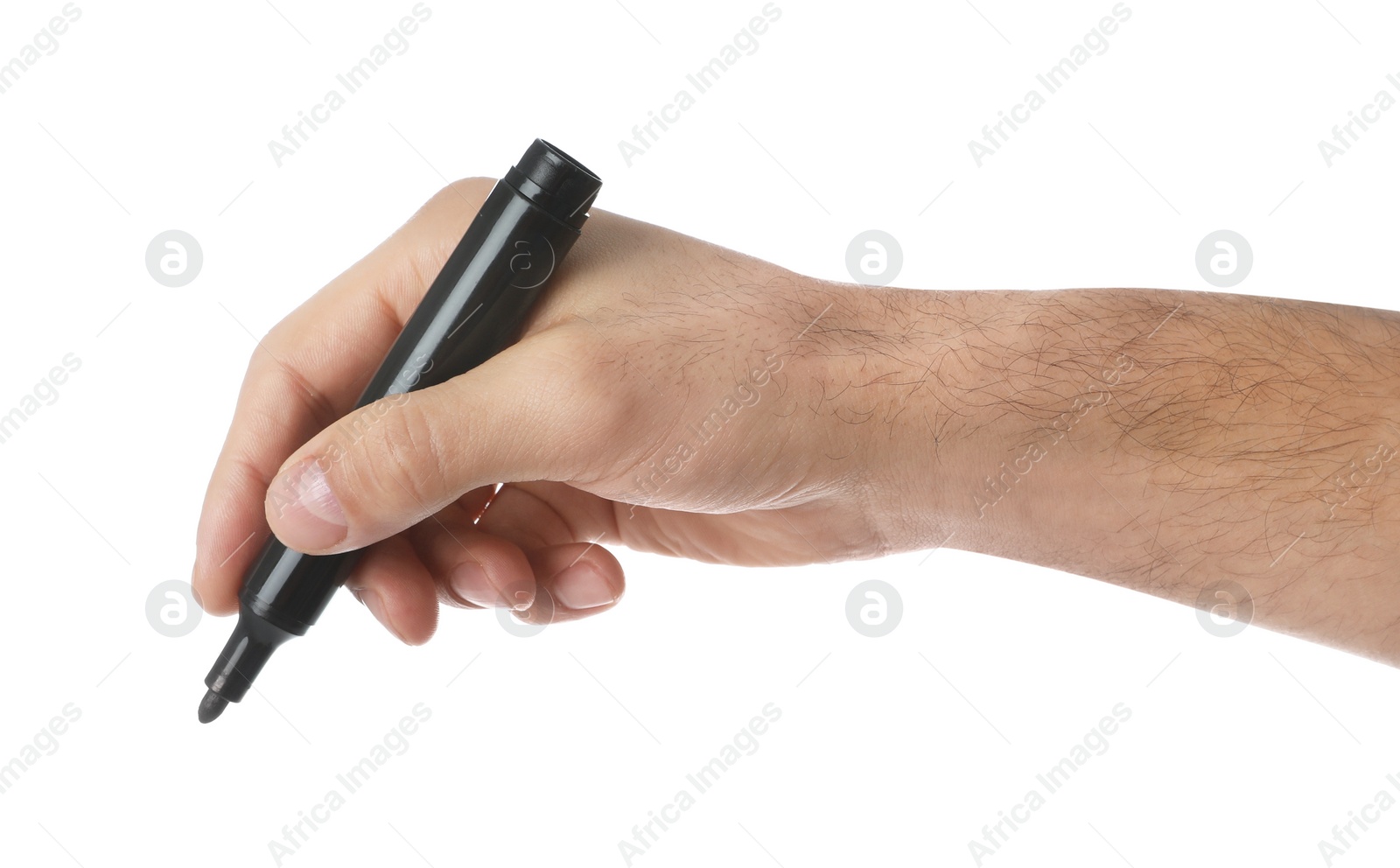 Photo of Man holding black marker on white background, closeup